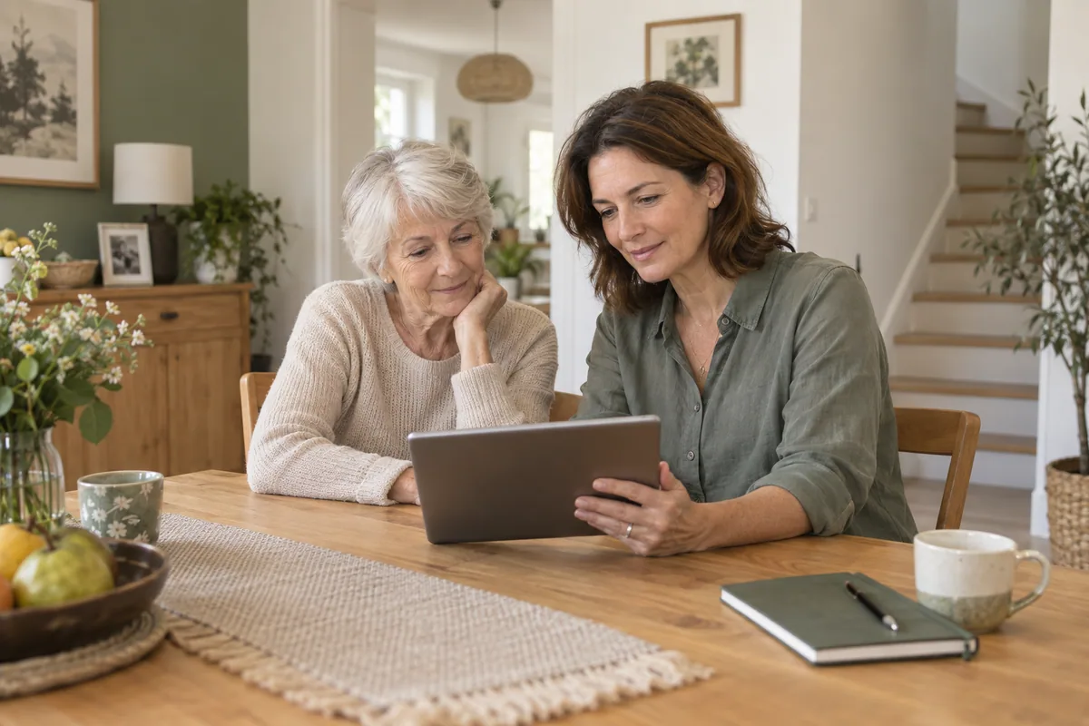 Illustration d’une femme senior et d’une proche préparant leur projet ensemble sur une tablette