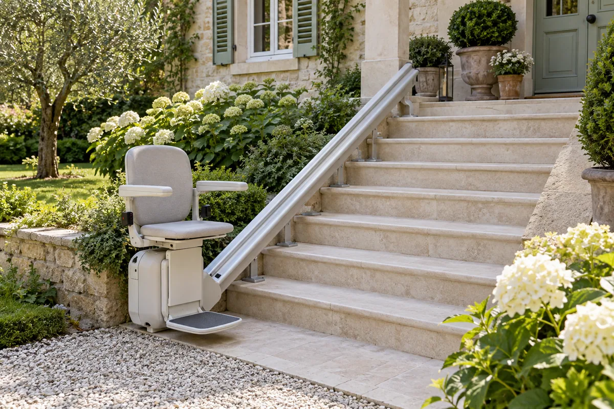Illustration d’un monte-escalier extérieur près des marches d’une entrée de maison