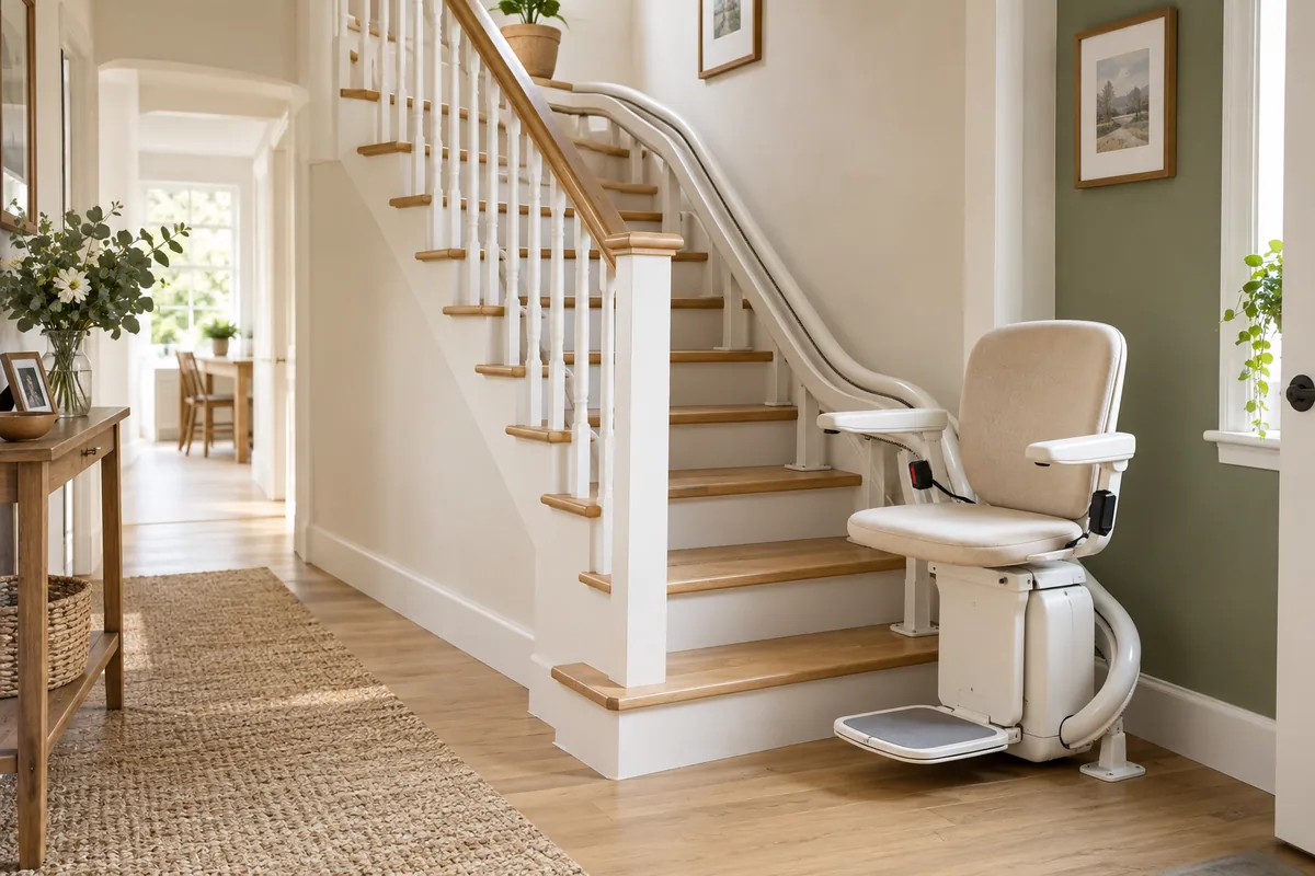 Illustration d’un fauteuil monte-escalier et de son rail le long d’un escalier avec virage
